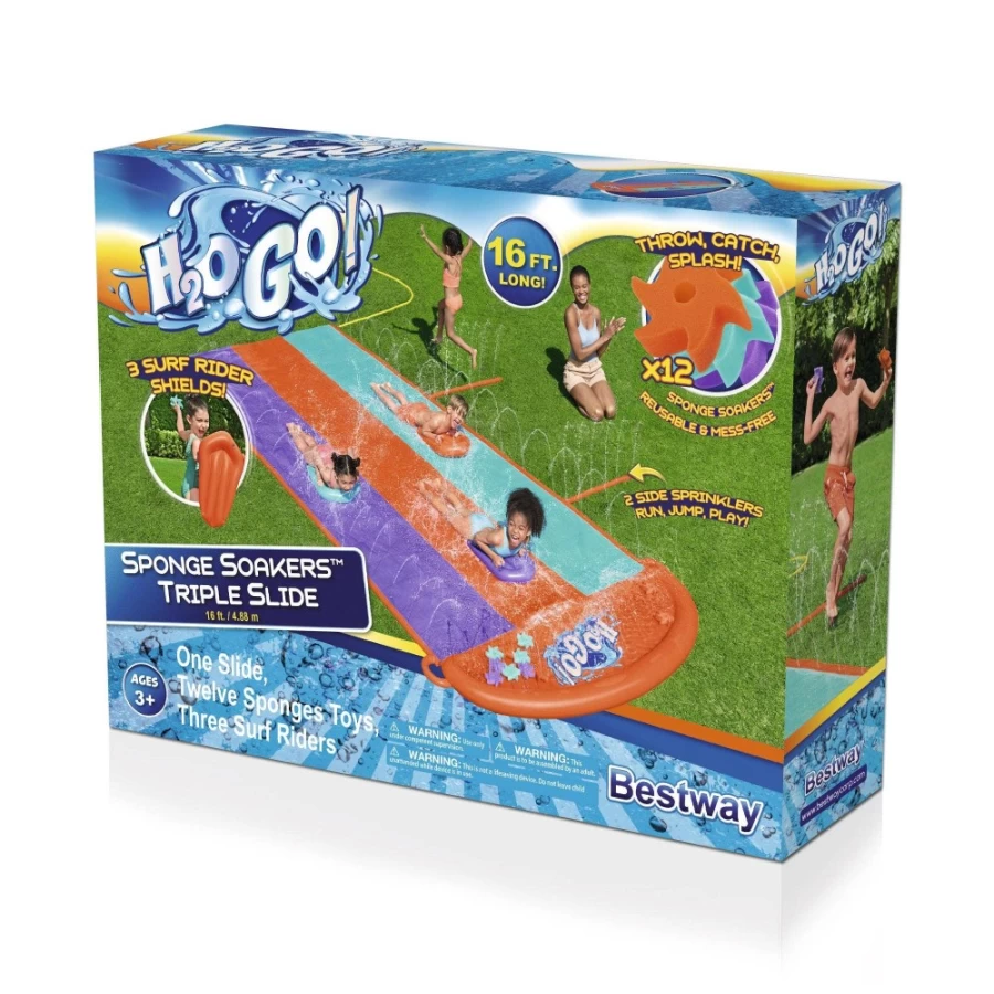 Bestway H2Ogo! 16-Foot Triple Lane Water Slide with Sponge Soakers, 3 Rider Capacity, Outdoor Summer Fun